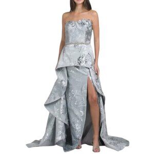 TERANI COUTURE Silver Strapless 3d Floral Gown